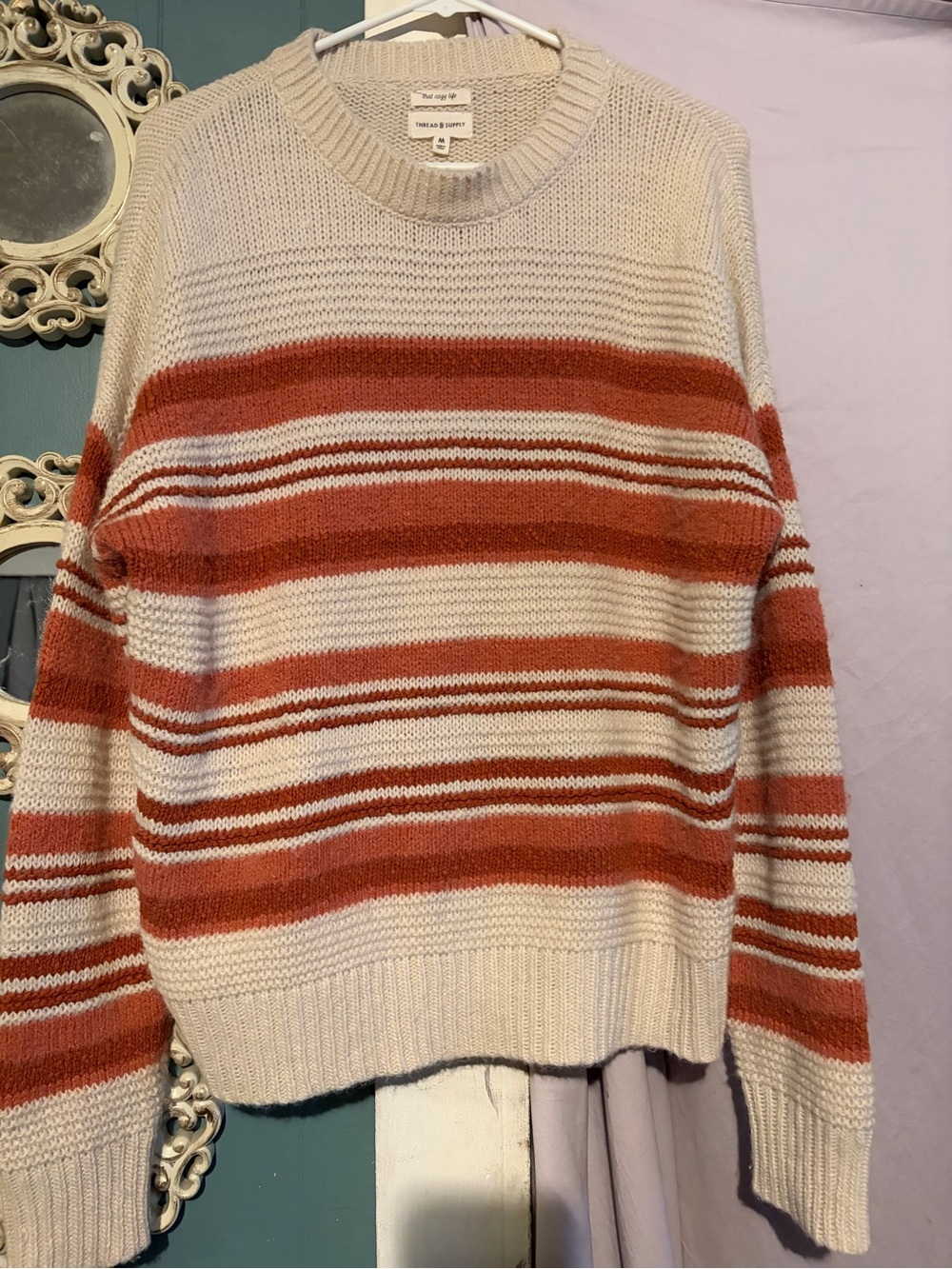 Thread & Supply Cream and Rust Striped Crew Sweater